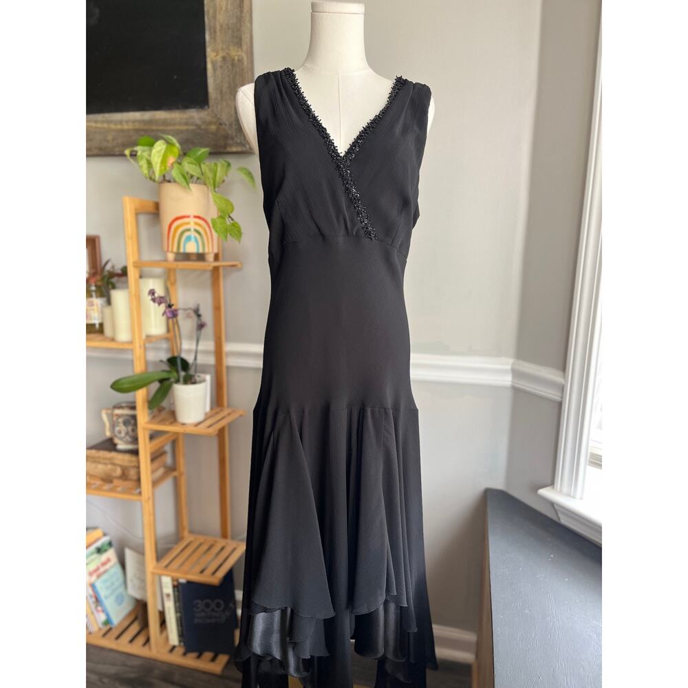 Vintage 90s Black Handkerchief Maxi Dress Beaded Drop Waist Size 14